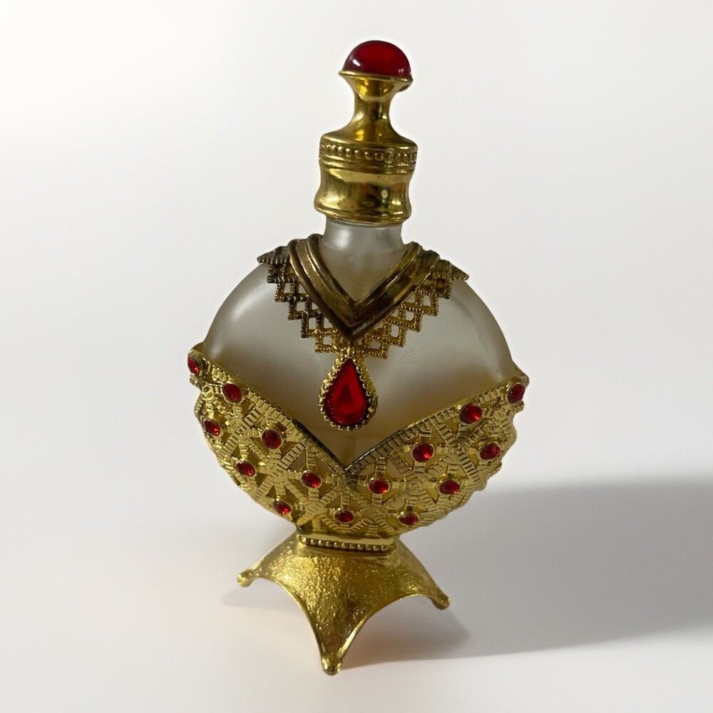 Retro Frosted Glass Perfume EMPTY Bottle Gold Arabic Middle Eastern Design